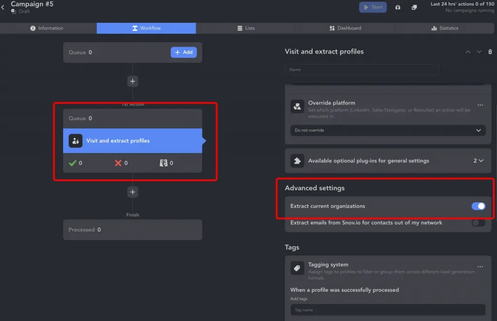 Action « Visit and Extract » du scraper de données LinkedIn Linked Helper