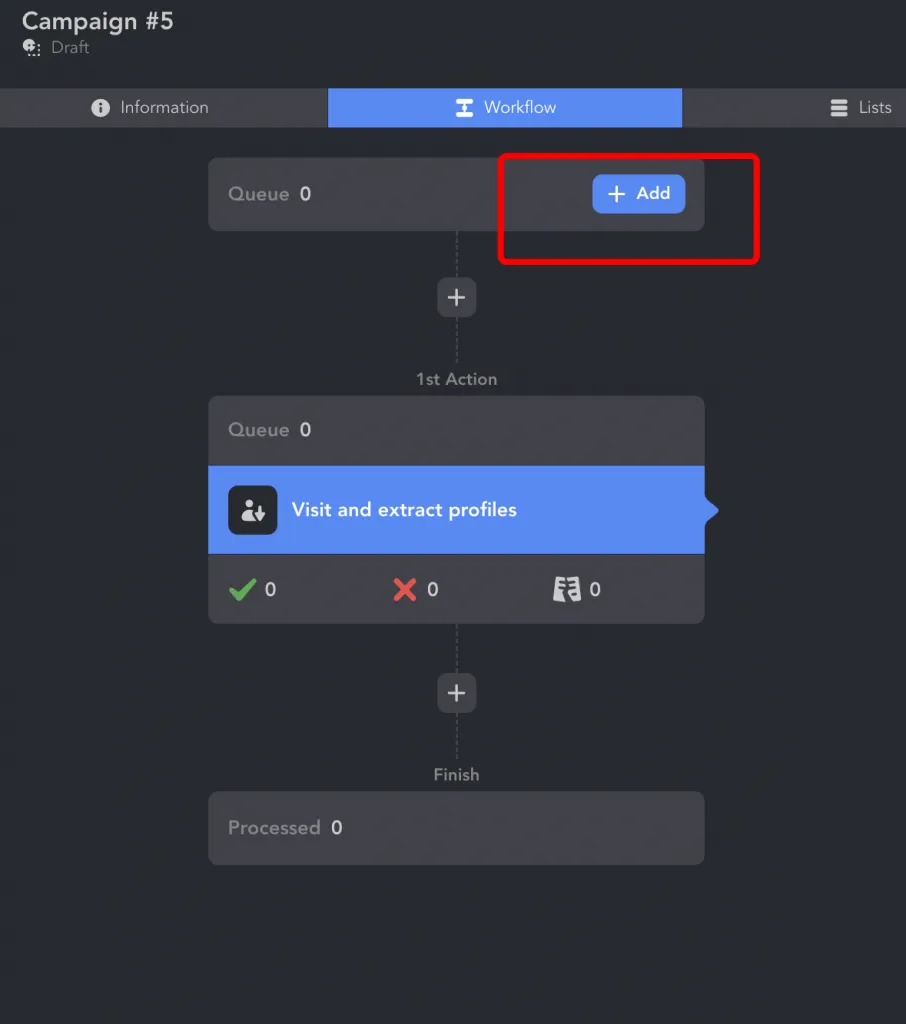 Bouton « Add » permettant d’ajouter des profils cibles dans Linked Helper
