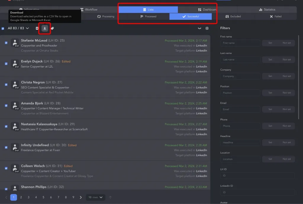 Téléchargement des données recueillies par Linked Helper