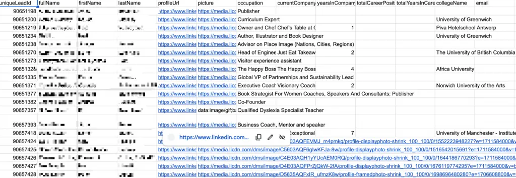 Données Linked Helper affichées dans un fichier CSV