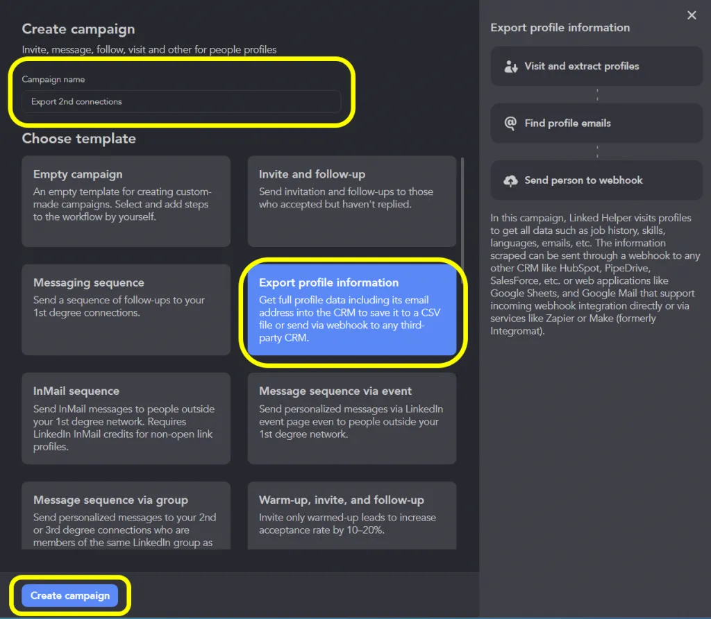 Modèle de campagne de scraper LinkedIn dans Linked Helper