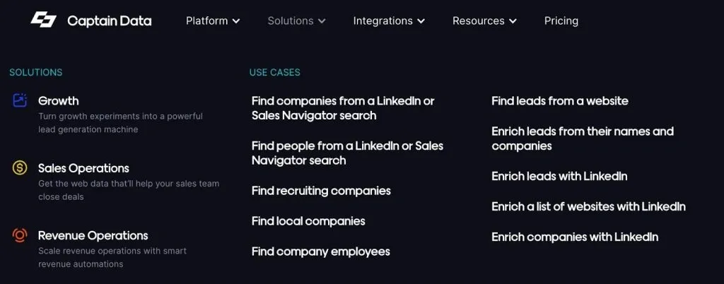Menu de l’extracteur de données LinkedIn Captain Data