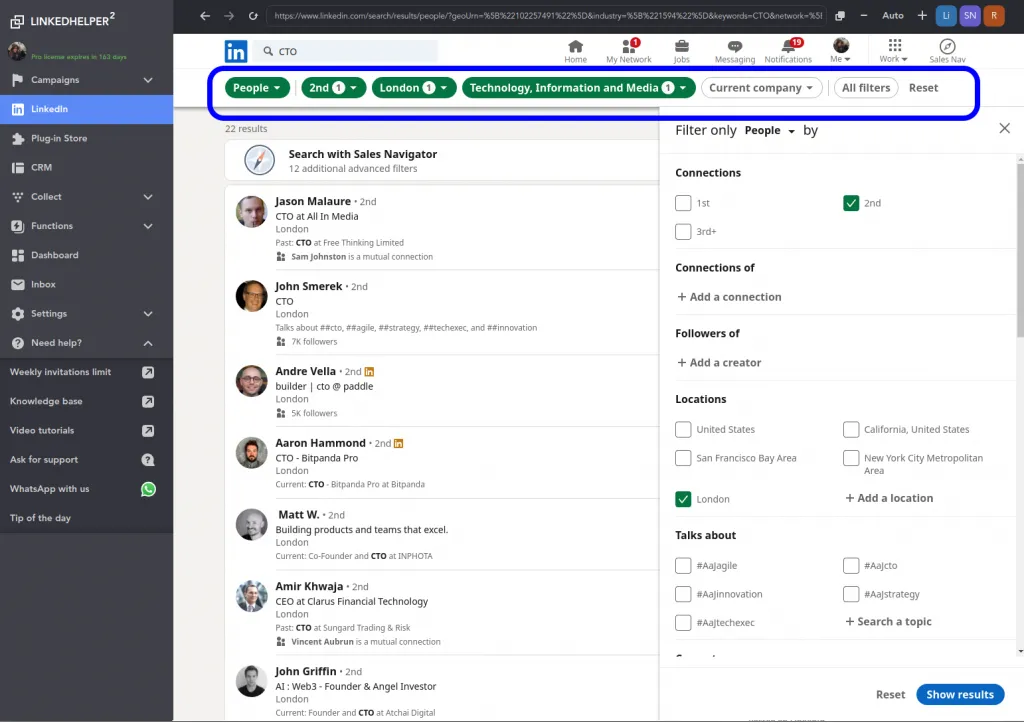 Filtres de l’outil d’extraction de données LinkedIn Linked Helper pour recueillir 1 000 profils