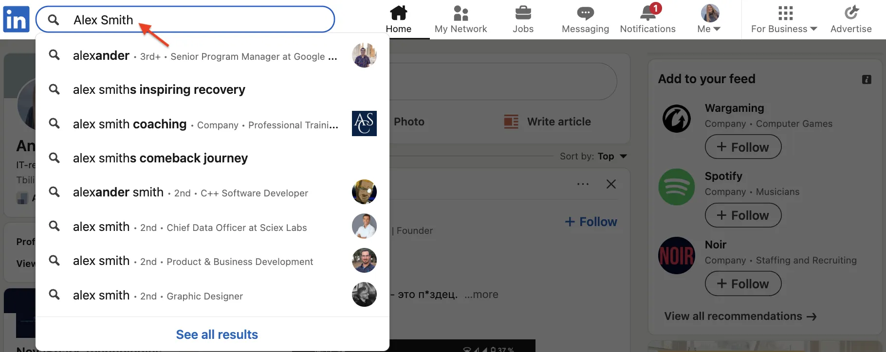 LinkedIn Search Bar With a Sample Name Entered