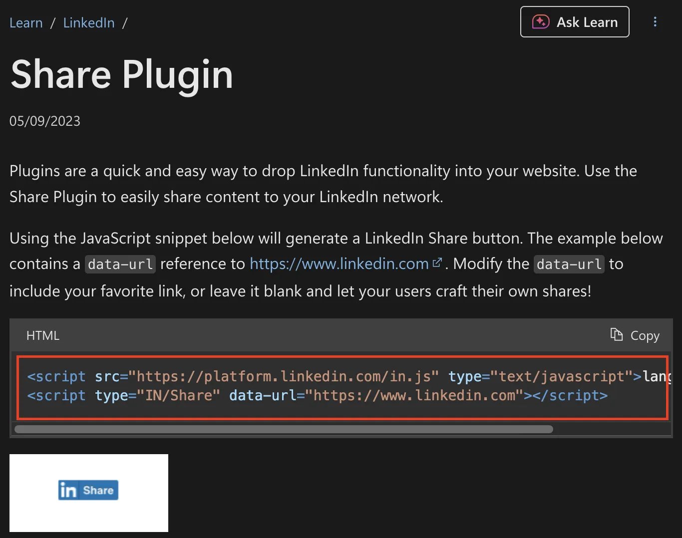 LinkedIn Share Button Embed Code2