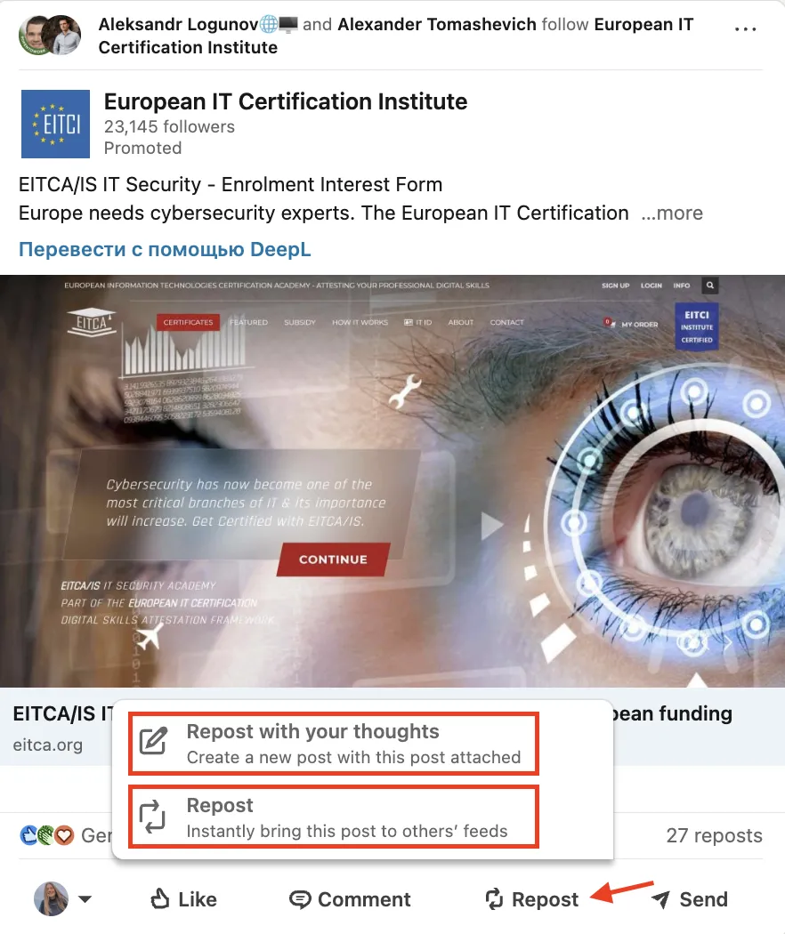 LinkedIn Share Button on a Post