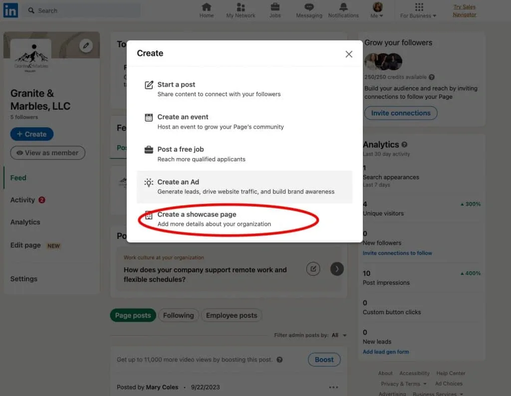 Was ist eine Fokusseite auf LinkedIn – Screenshot der Erstellung.
