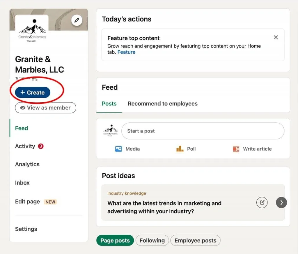 So erstellen Sie eine mit einer LinkedIn-Unternehmensseite verknüpfte Fokusseite – Screenshot