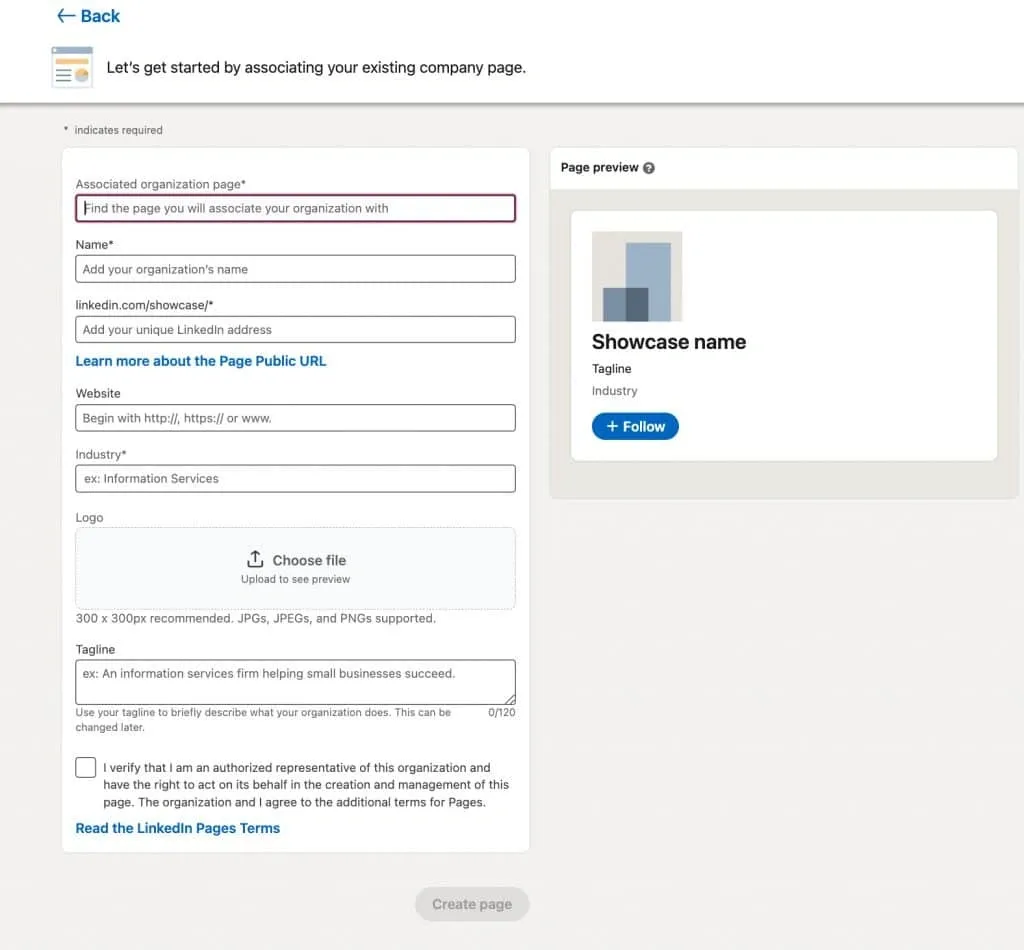 So erstellen Sie eine mit einer LinkedIn-Unternehmensseite verknüpfte Fokusseite – Screenshot der Unternehmensinformationen