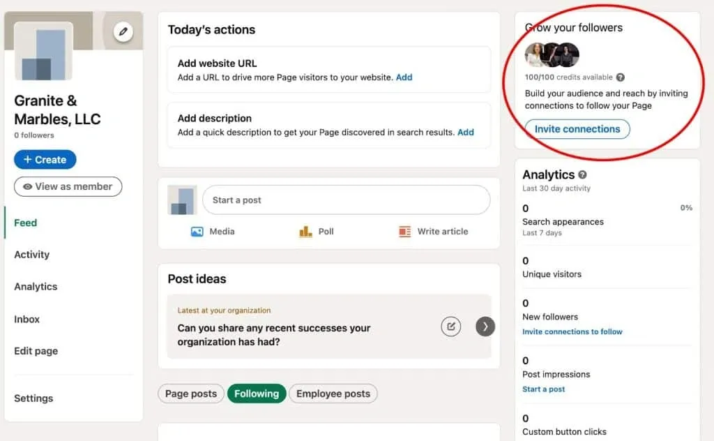 So erstellen Sie eine mit einer LinkedIn-Unternehmensseite verknüpfte Fokusseite – Screenshot des Einladungskontingents