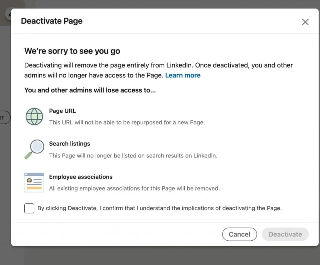 So deaktivieren Sie eine Fokusseite auf LinkedIn – Screenshot des Fensters mit den Auswirkungen