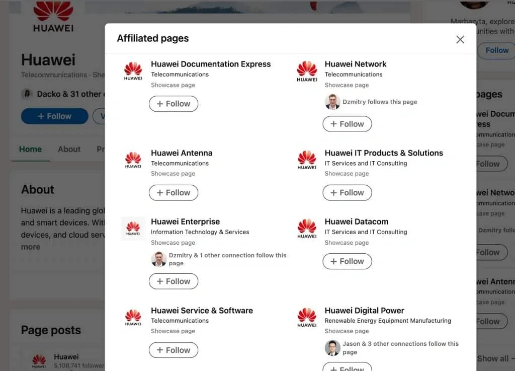 Beispiel einer LinkedIn-Fokusseite von Huawei
