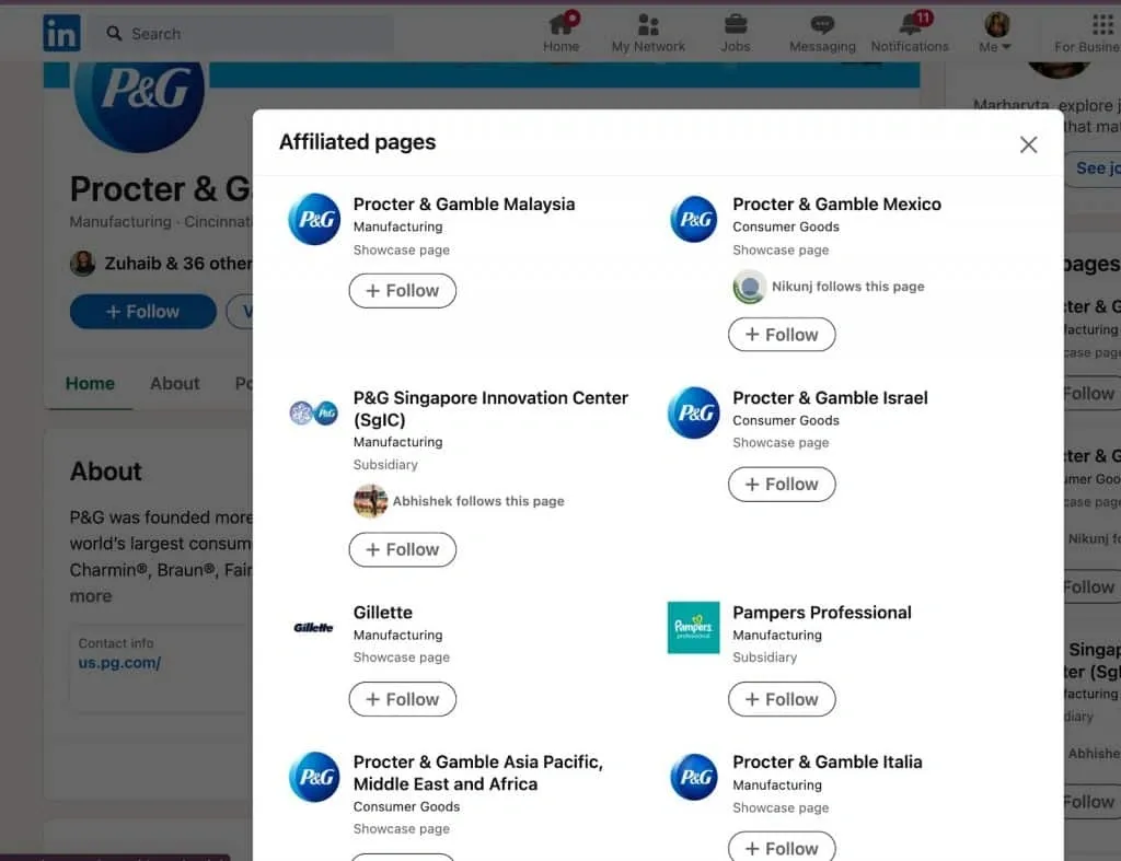 Beispiel einer LinkedIn-Fokusseite von Procter & Gamble