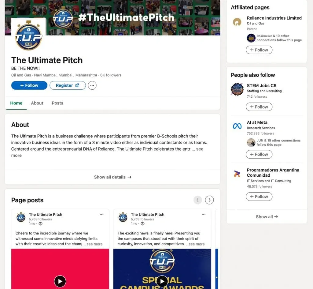 Beispiel einer LinkedIn-Fokusseite von Reliance Industries Limited