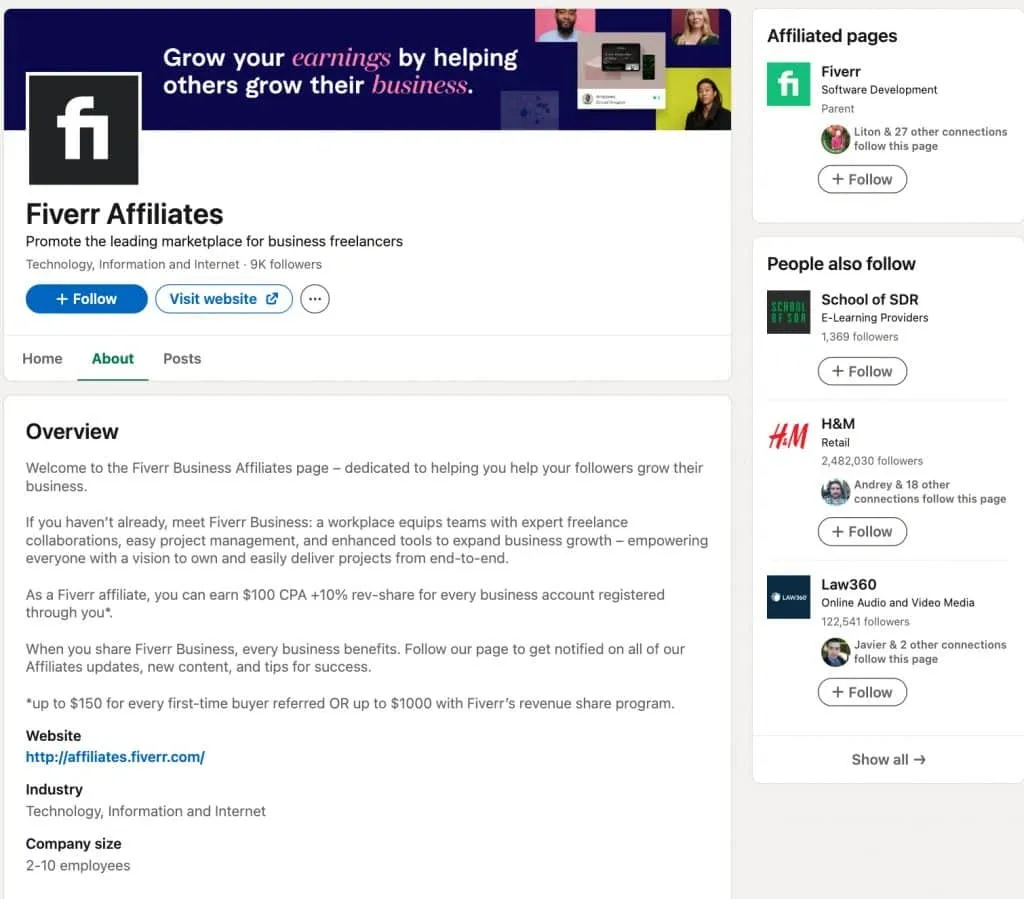 Beispiel einer LinkedIn-Fokusseite von Fiverr