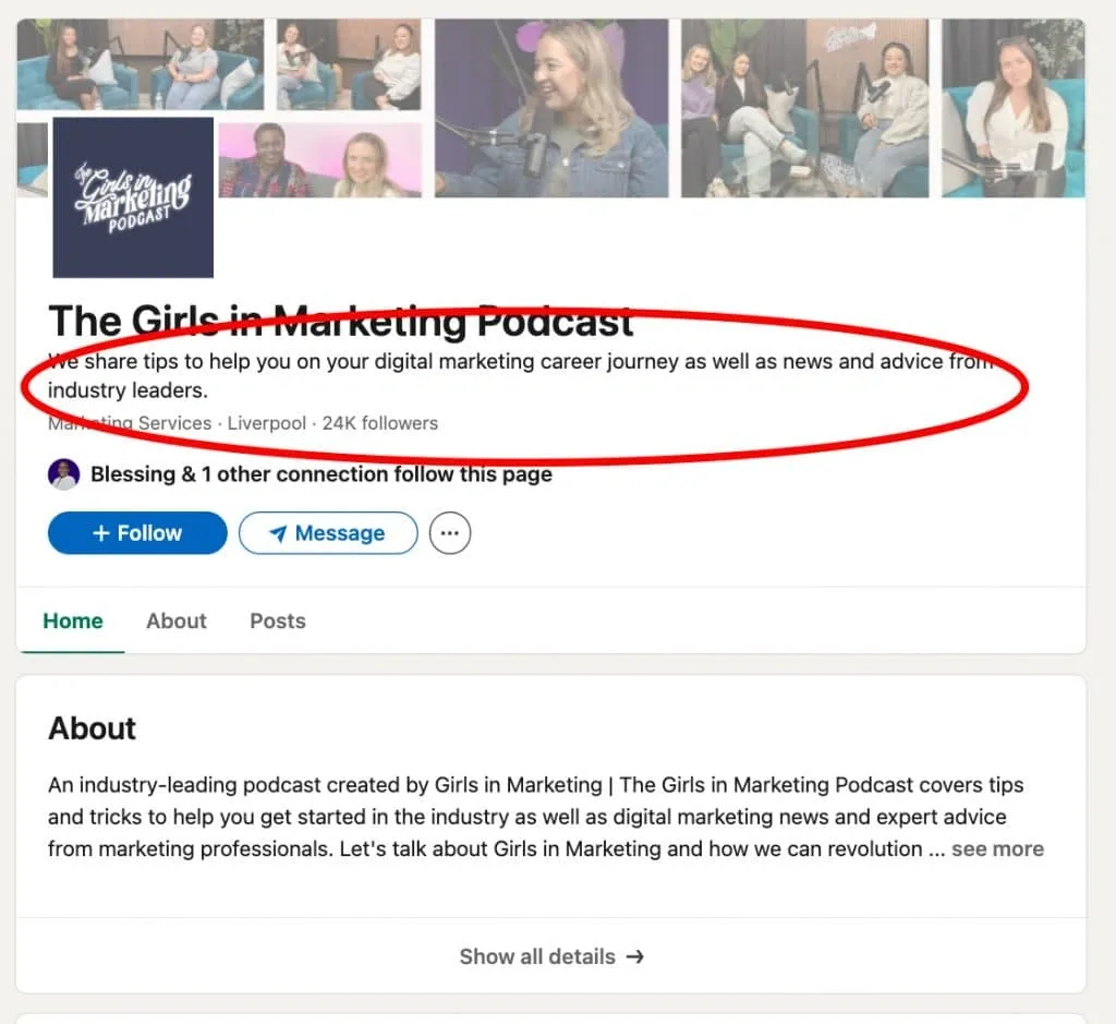 Beispiel einer LinkedIn-Fokusseite von Girls in Marketing
