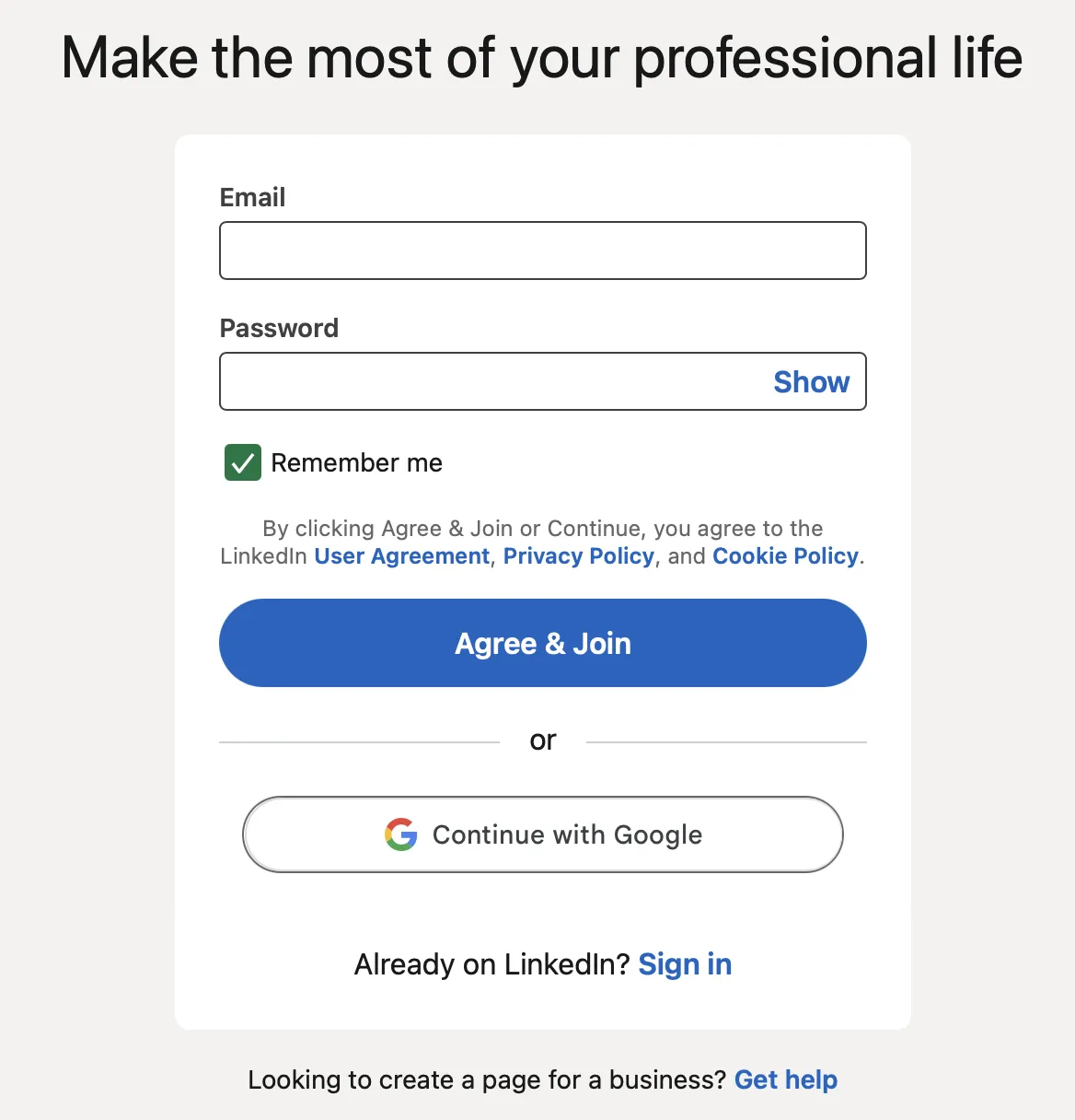 LinkedIn Sign Up Page