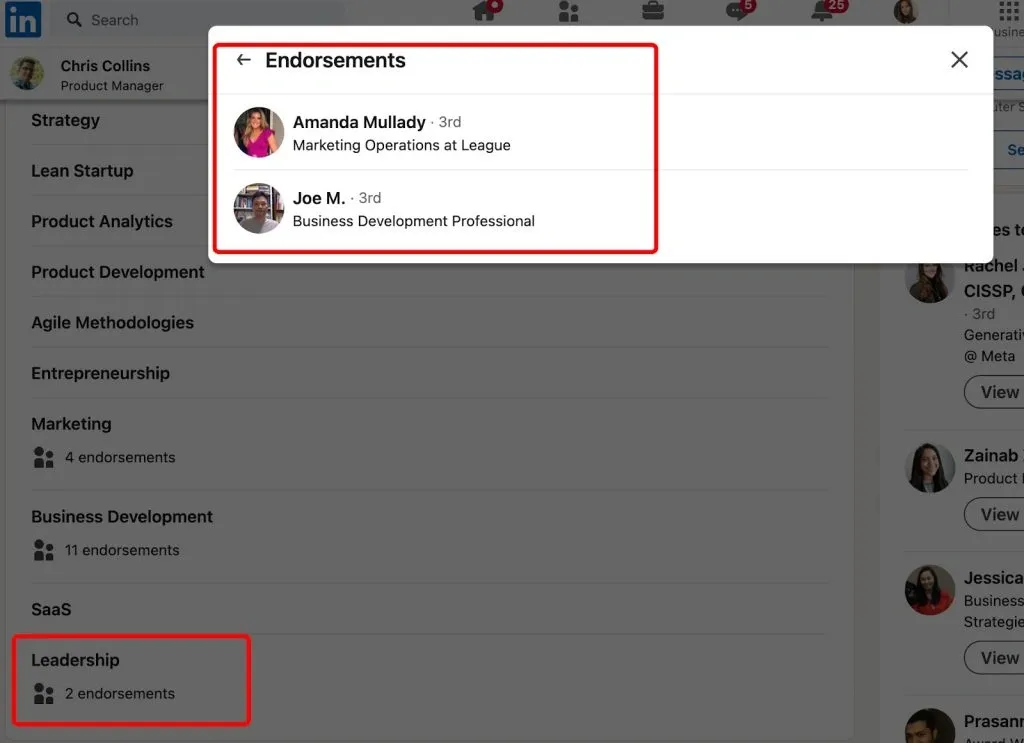 Screenshot der von echten Nutzern bestätigten Kenntnisse in einem Profil