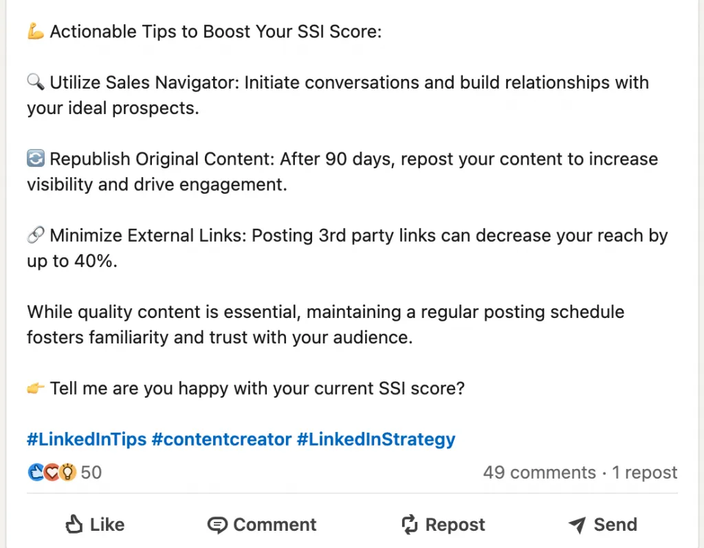 Beitrag mit konkreten Tipps zum LinkedIn-SSI-Score