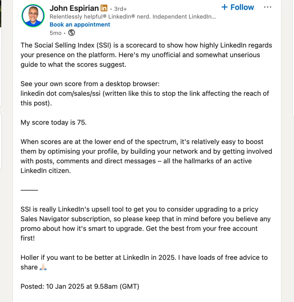 Beitrag eines LinkedIn-Nutzers zu seinem LinkedIn-SSI-Score