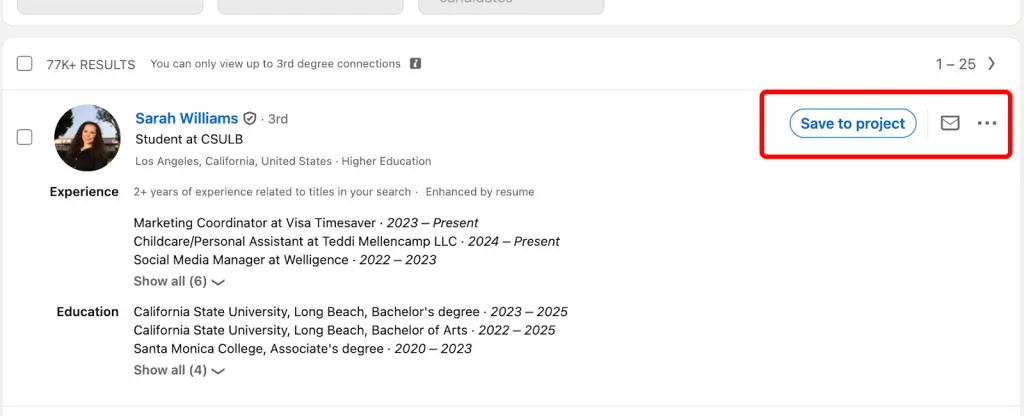 In Projekt speichern – Funktion von LinkedIn Talent Solutions