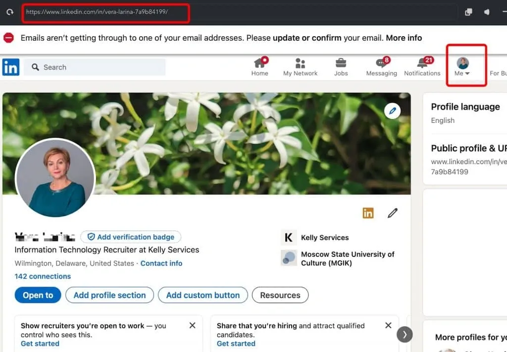 Screenshot der LinkedIn-Hauptseite, der zeigt, wo die Profil-URL aus der Adressleiste des Browsers kopiert werden kann