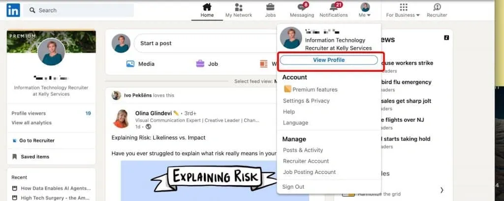 Menü mit den Einstellungen des LinkedIn-Profils