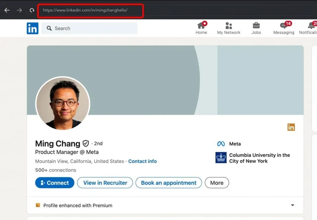 Beispiel einer LinkedIn-URL mit einem Namen und einer Abkürzung