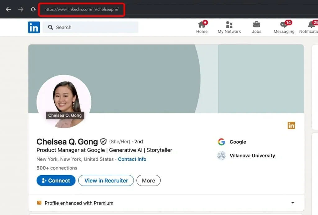 Beispiel einer LinkedIn-URL mit einem Namen und einer Abkürzung der Berufsbezeichnung