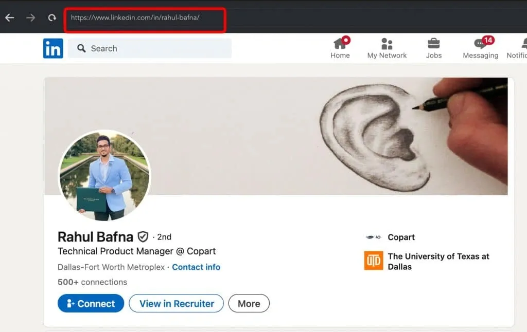 Beispiel einer LinkedIn-URL mit einem Namen und einer Abkürzung der Berufsbezeichnung