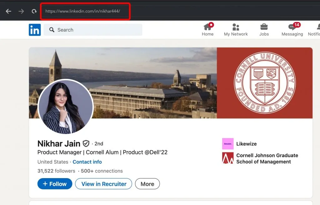 Beispiel einer LinkedIn-URL mit einem Namen, auf den Zahlen folgen