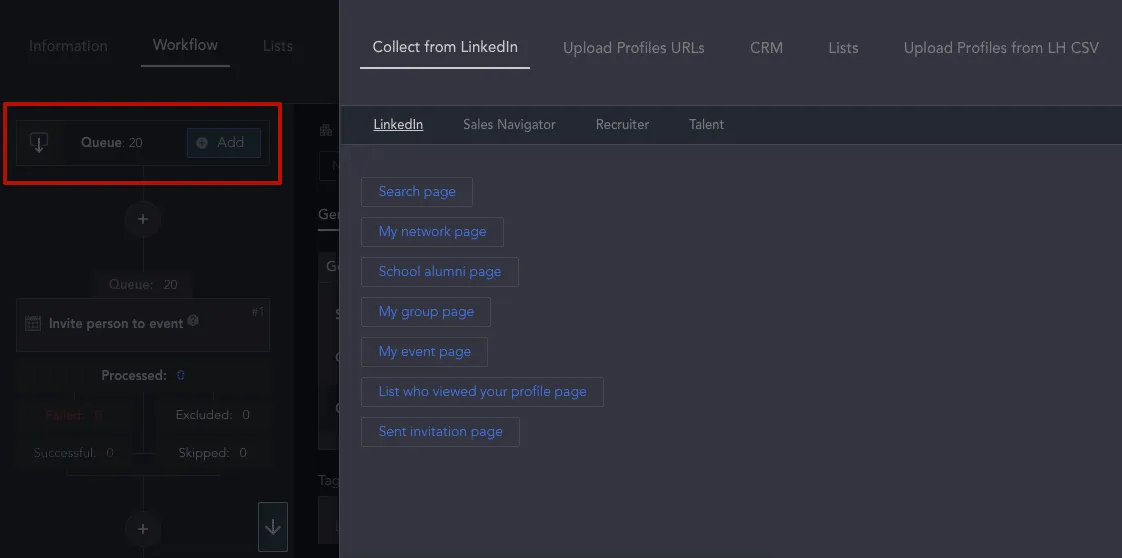 Adición de personas a la lista «Queue» con la invitación automática a eventos de LinkedIn