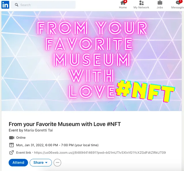 Marketing de eventos en LinkedIn: página de un evento de NFT en Zoom