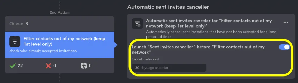 Screenshot der Einstellungsseite von Linked Helper, auf der Nutzer die Wartezeit vor dem Versand von Kontaktanfragen festlegen können.