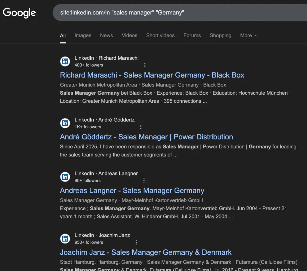 LinkedIn-X-Ray-Suche nach Sales Managern in Deutschland