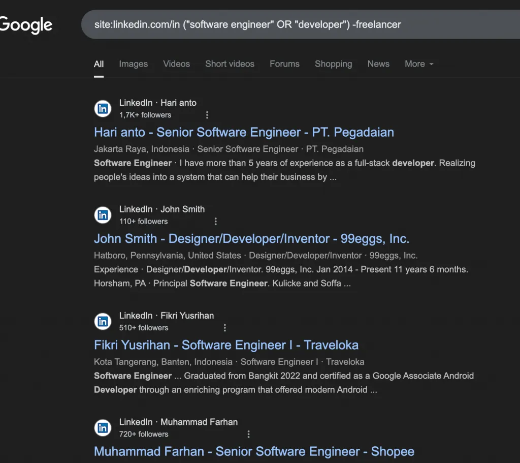 Beispiel einer LinkedIn-X-Ray-Suche nach Softwareentwicklern