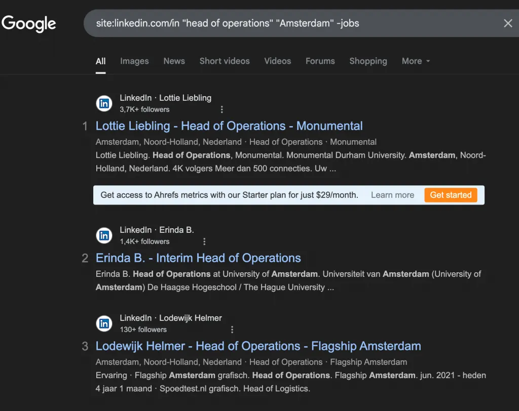 Google-X-Ray-Suche auf LinkedIn nach Head of Operations