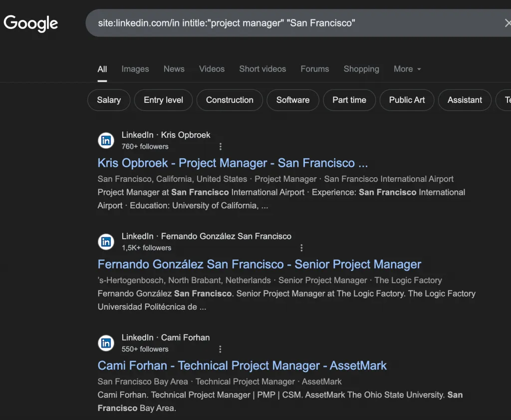 Google-X-Ray-Suche auf LinkedIn nach Project Managern
