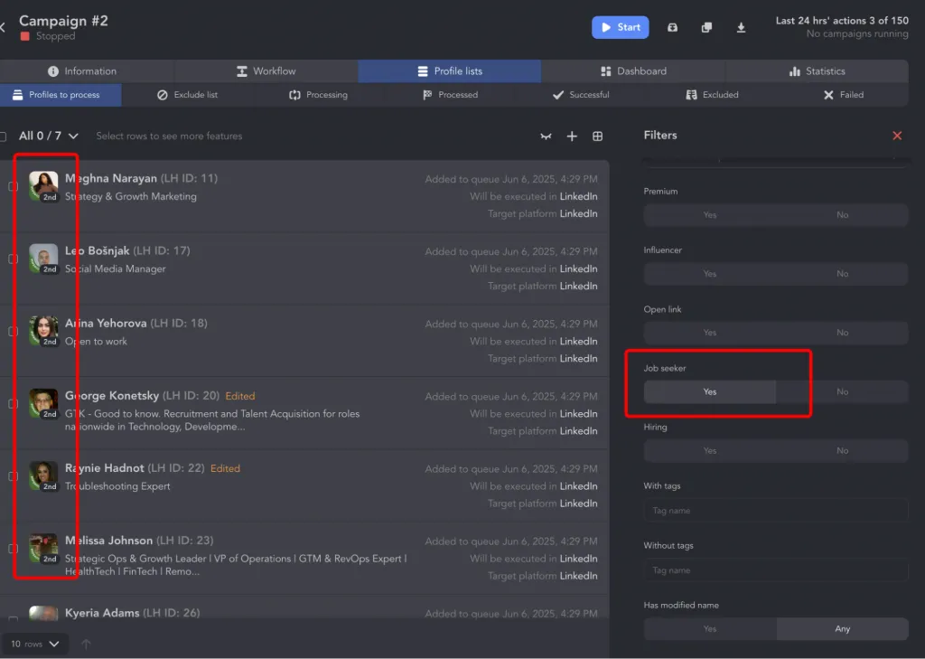 Profile in einer Linked Helper-Liste filtern