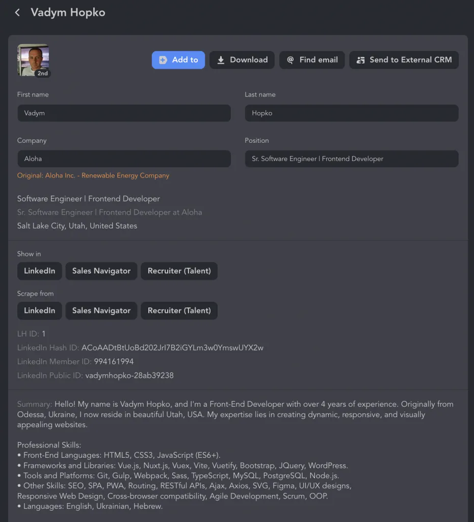 Beispiel einer Profilkarte in Linked Helper
