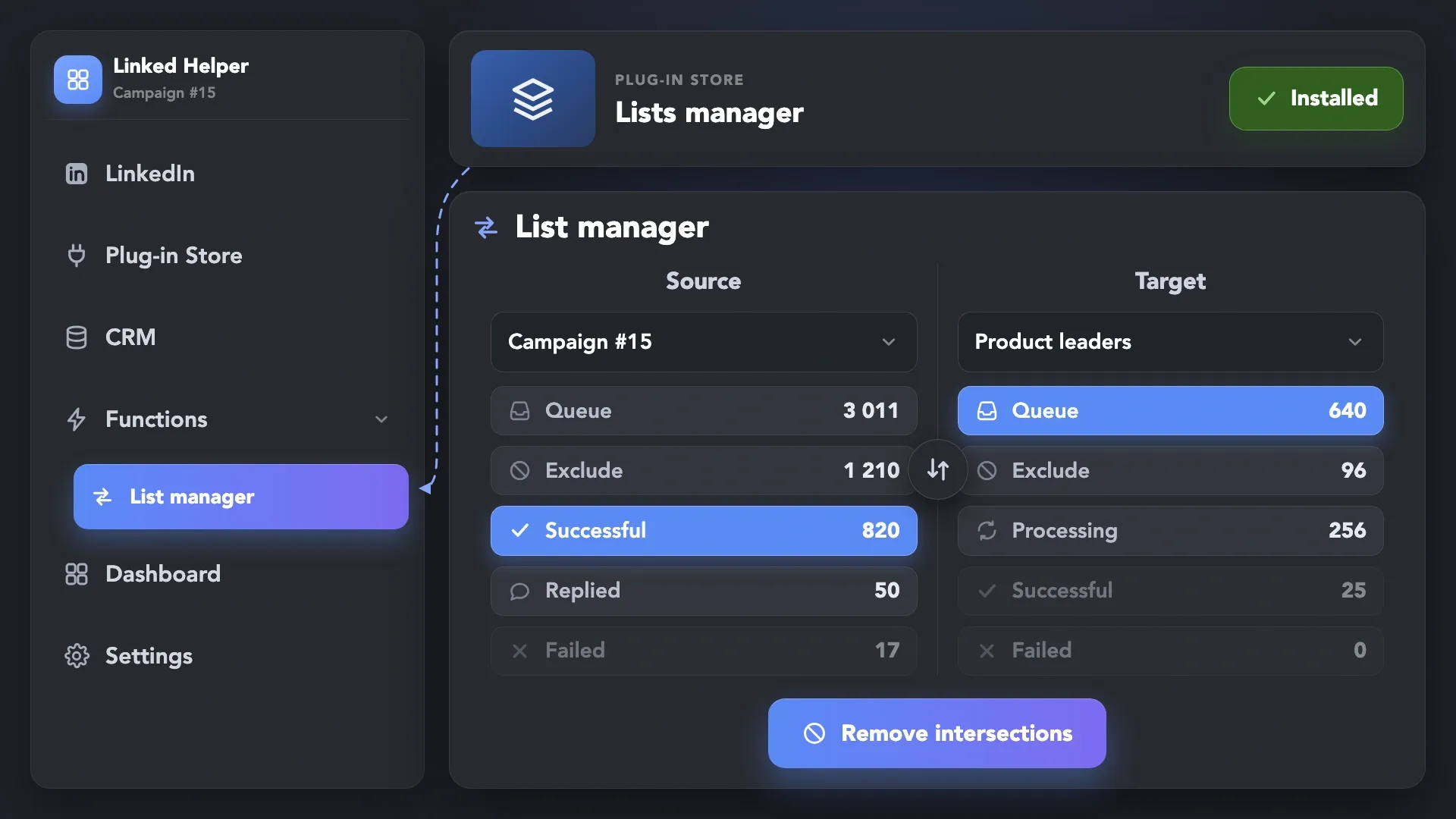 List manager plug-in comparing source and target campaign lists to remove intersections