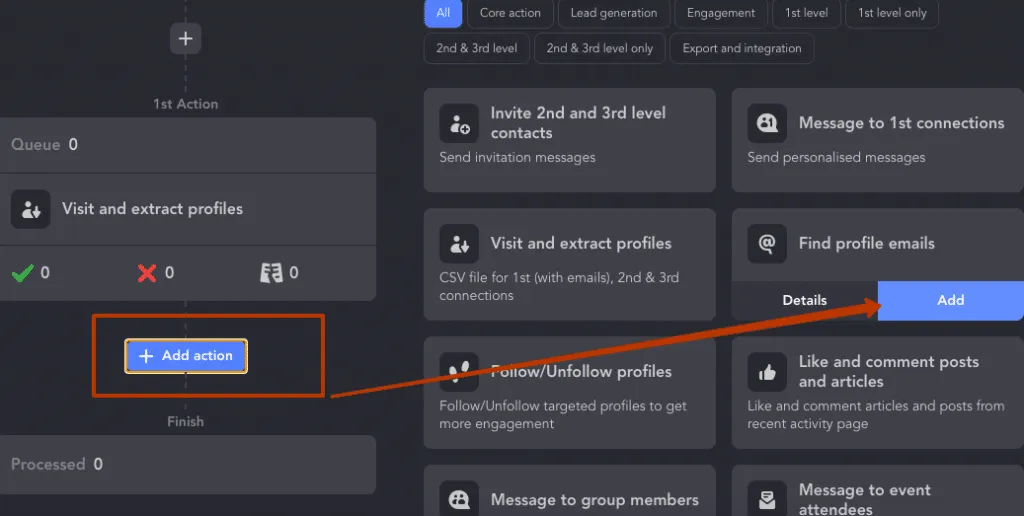 Ajout de l’action « Find Profile Emails » pour la vente B2B