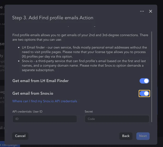 Ajout de l’action « Find Profile Emails » pour la vente B2B