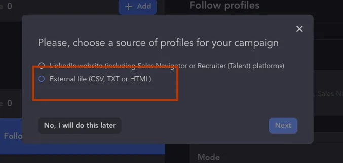 Choix d’un fichier CSV comme source de campagne pour la vente B2B