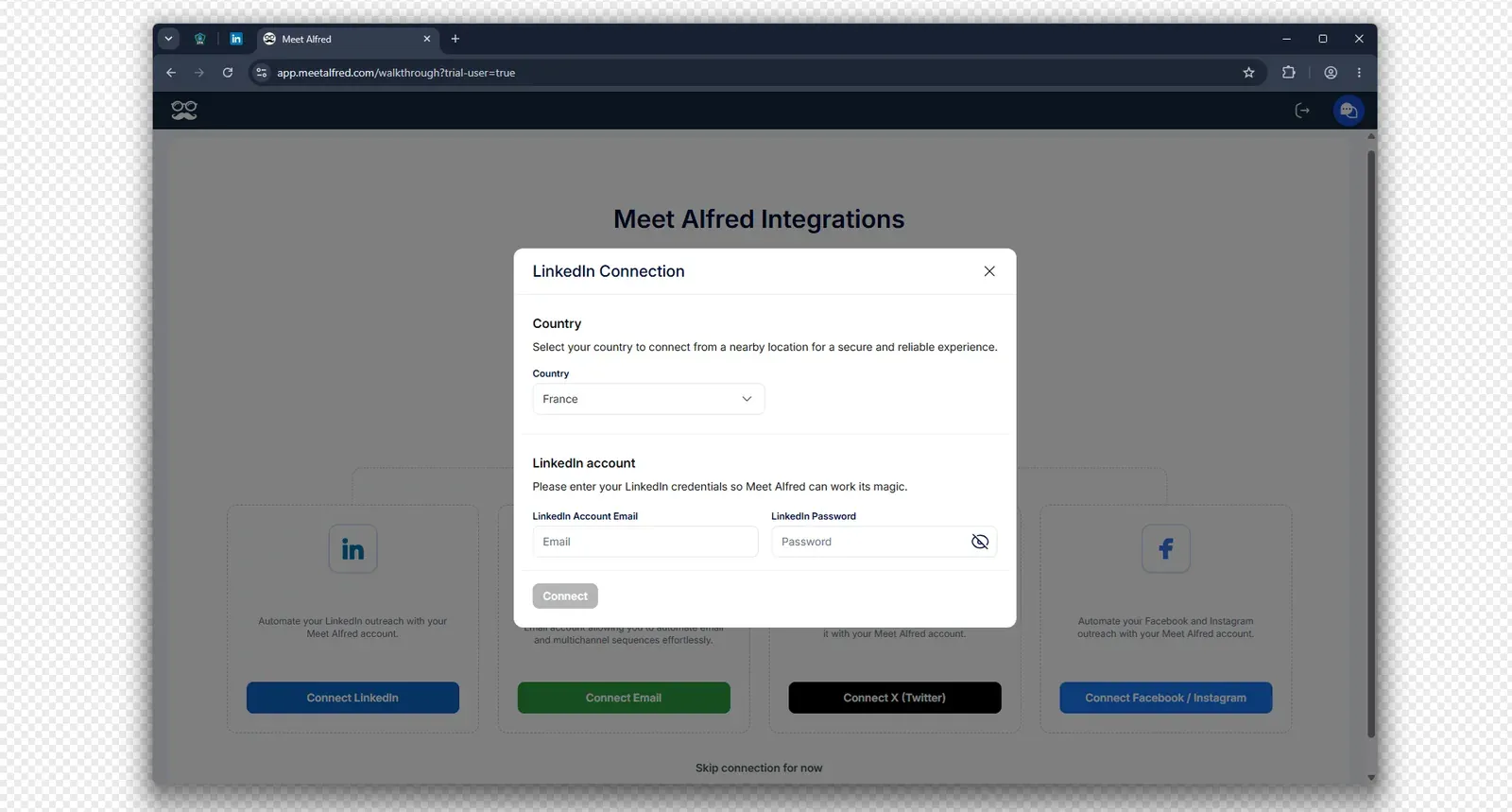 Meet Alfred LinkedIn credential connection screen - July 2026