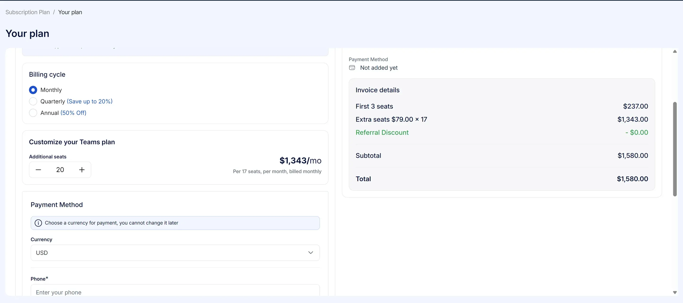 Meet Alfred Teams checkout with 20 seats billed monthly, total $1,580