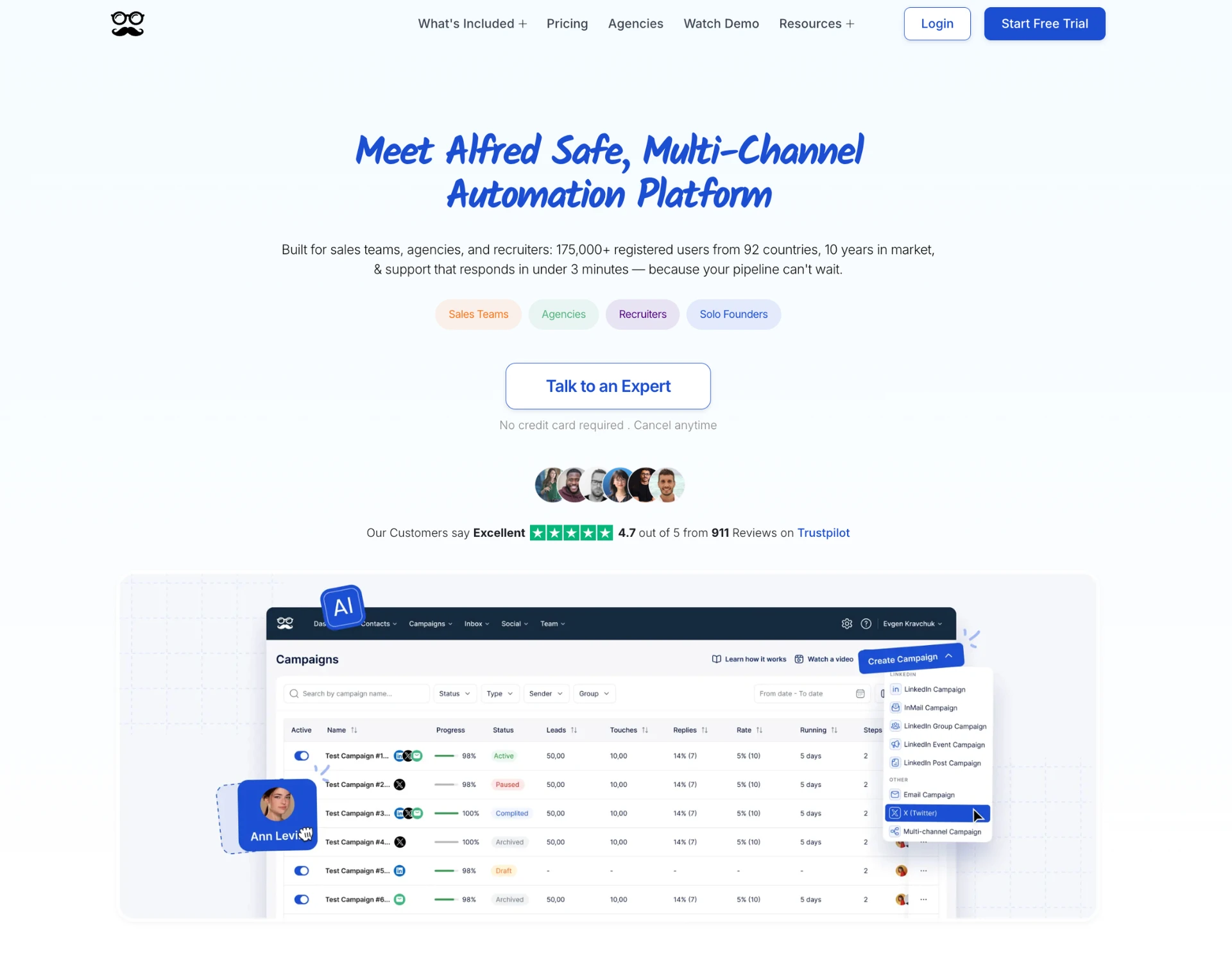 Meet Alfred homepage — "Meet Alfred Safe, Multi-Channel Automation Platform" — with Sales Teams / Agencies / Recruiters / Solo Founders tabs and a multi-channel campaigns dashboard