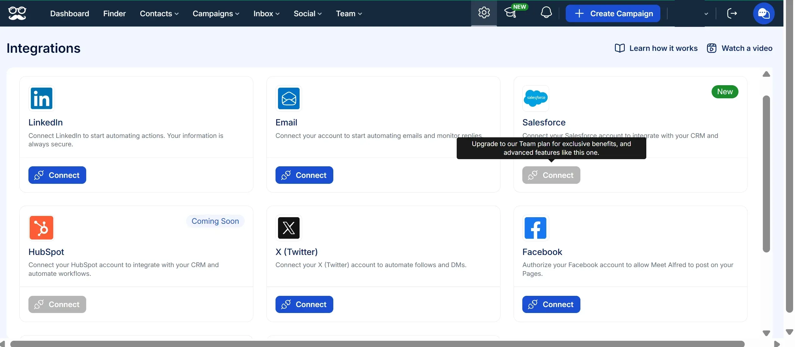 Meet Alfred Integrations screen in a trial account with HubSpot marked Coming Soon and Salesforce locked until you upgrade to Team