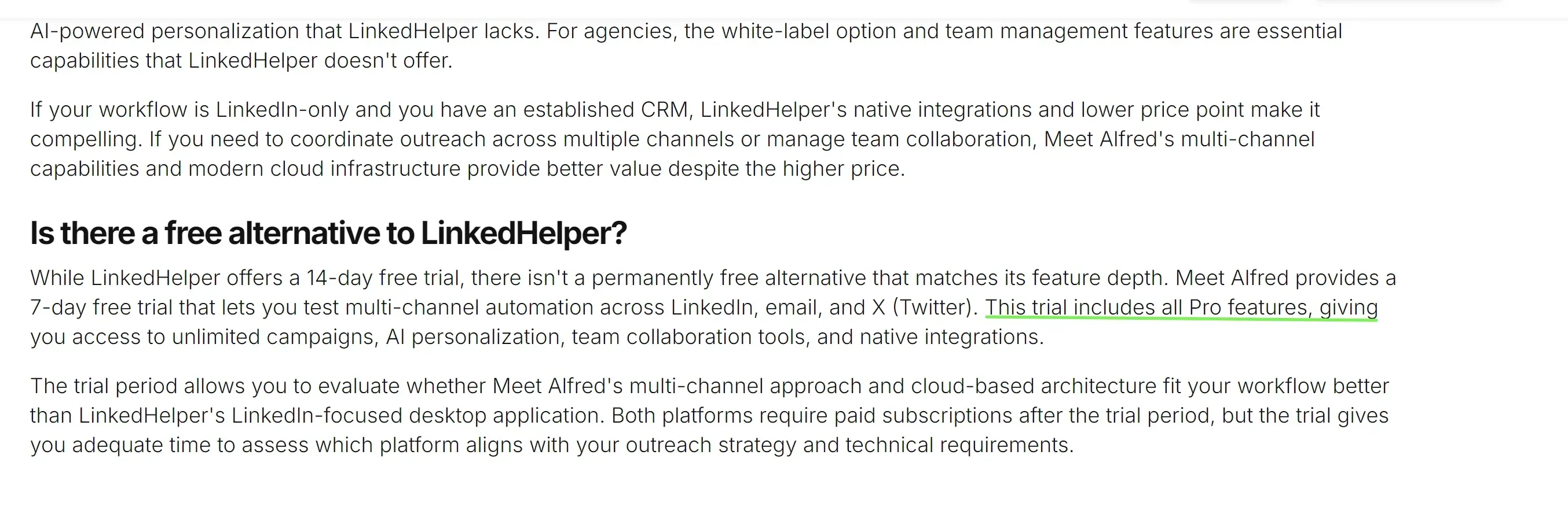 Meet Alfred page about LinkedHelper saying LinkedHelper lacks AI personalization, white-label and team management features