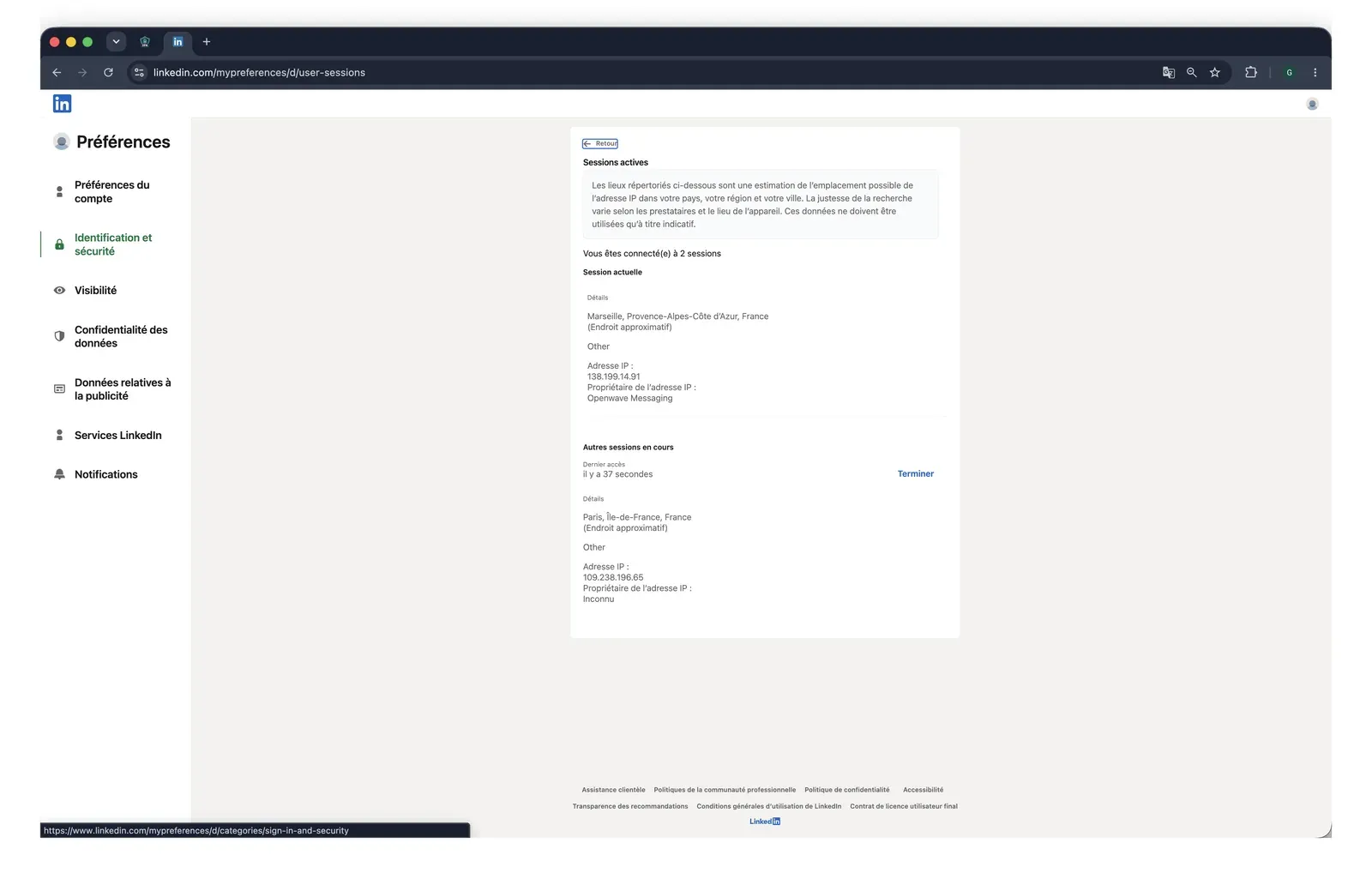 LinkedIn active sessions during the Meet Alfred test, first account - mid-July 2026